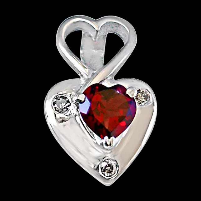 Real Diamond & Heart Shaped Red Garnet Pendant with 18 IN Chain (SDP264)
