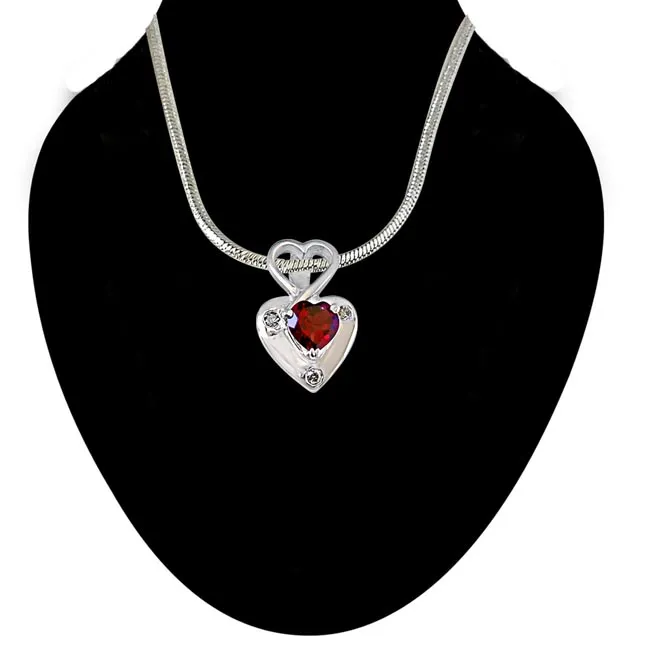 Real Diamond & Heart Shaped Red Garnet Pendant with 18 IN Chain (SDP264)