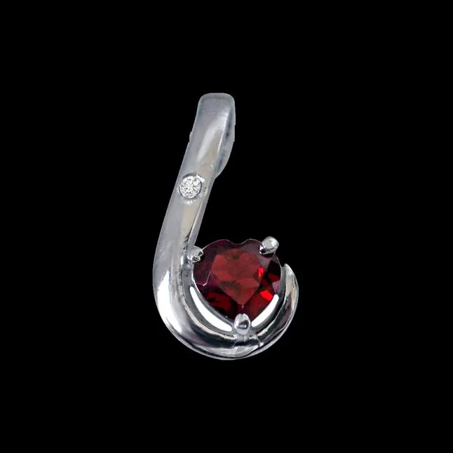 Lovy Dovy Heart Shape Garnet and Diamond 925 Silver Pendant with 18 IN Chain (SDP268)
