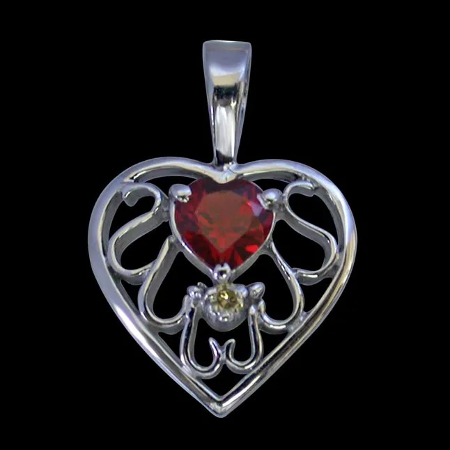 Diamond & Heart Garnet set in Heart n Heart 925 Silver Pendant with 18 IN Chain (SDP270)