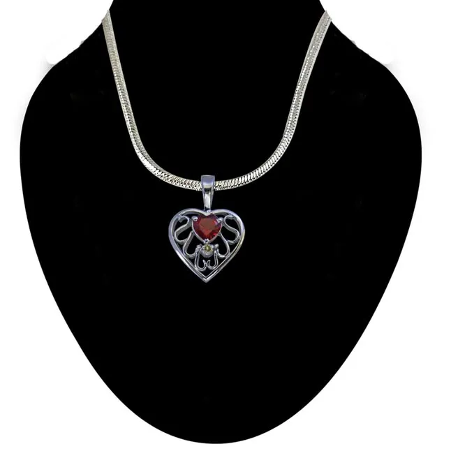 Diamond & Heart Garnet set in Heart n Heart 925 Silver Pendant with 18 IN Chain (SDP270)