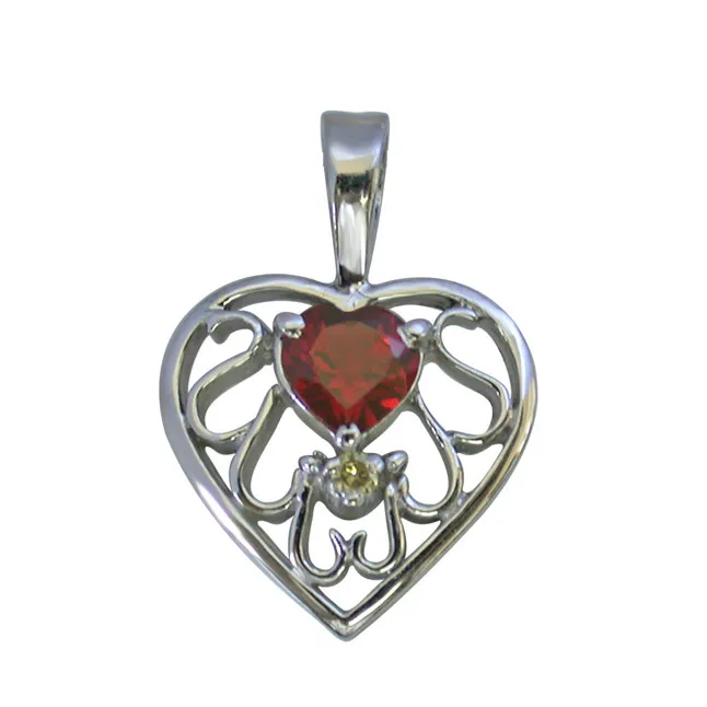 Diamond & Heart Garnet set in Heart n Heart 925 Silver Pendant with 18 IN Chain (SDP270)