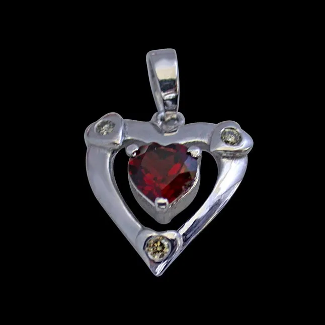 Past Present n Future 3 Diamond in 925 Silver with Heart Shape Garnet Pendant with 18 IN Chain (SDP271)