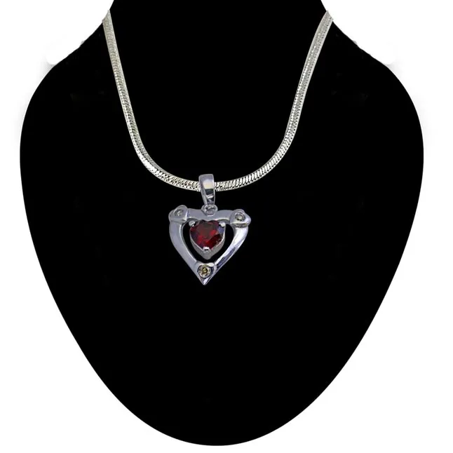 Past Present n Future 3 Diamond in 925 Silver with Heart Shape Garnet Pendant with 18 IN Chain (SDP271)