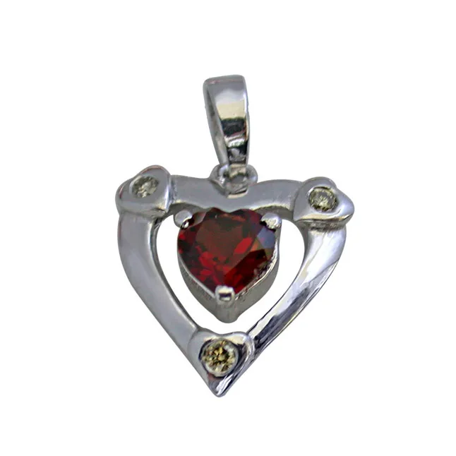 Past Present n Future 3 Diamond in 925 Silver with Heart Shape Garnet Pendant with 18 IN Chain (SDP271)