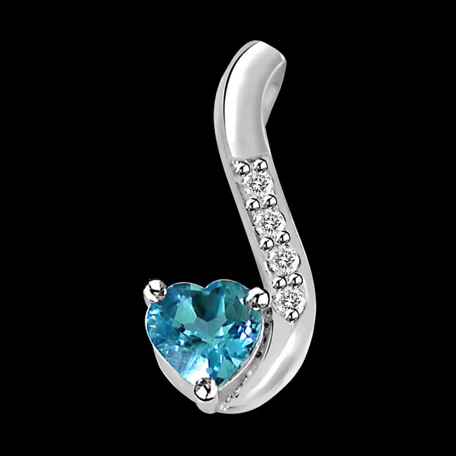 Heart Shaped Blue Topaz & Real Diamond Silver Pendant with 18 IN Chain (SDP274)