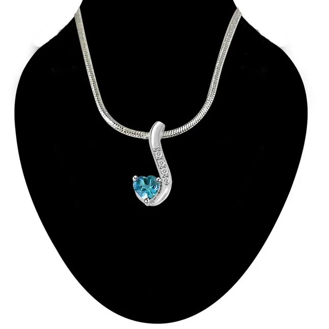 Heart Shaped Blue Topaz & Real Diamond Silver Pendant with 18 IN Chain (SDP274)