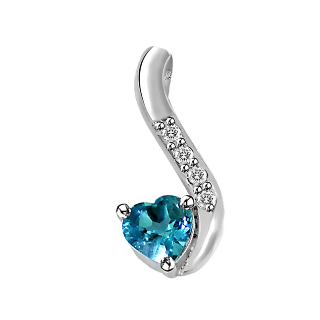 Heart Shaped Blue Topaz & Real Diamond Silver Pendant with 18 IN Chain (SDP274)