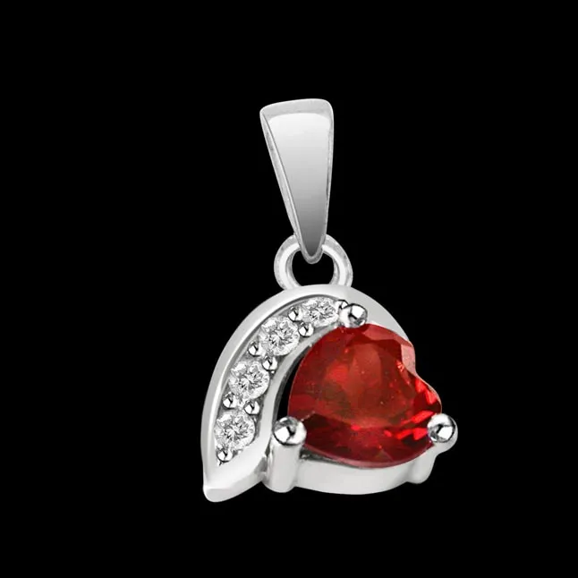 Heart Shaped Red Garnet & Real Diamond Silver Pendant with 18 IN Chain (SDP275)