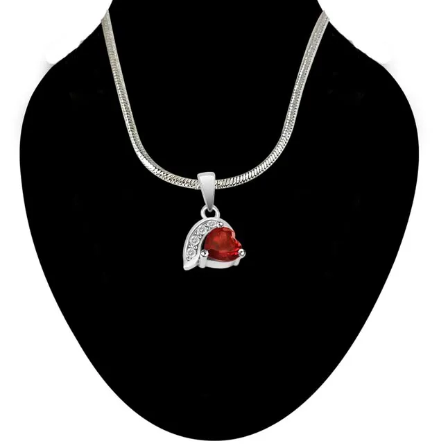 Heart Shaped Red Garnet & Real Diamond Silver Pendant with 18 IN Chain (SDP275)