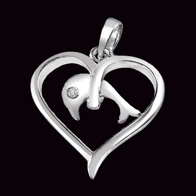 Dolphin in my Heart Real Diamond & Sterling Silver Pendant with 18 IN Chain (SDP285)