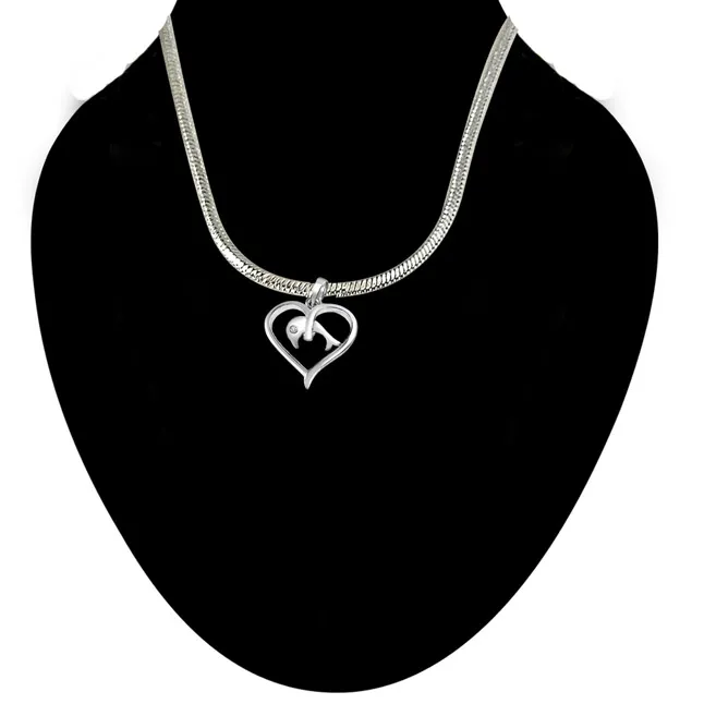 Dolphin in my Heart Real Diamond & Sterling Silver Pendant with 18 IN Chain (SDP285)