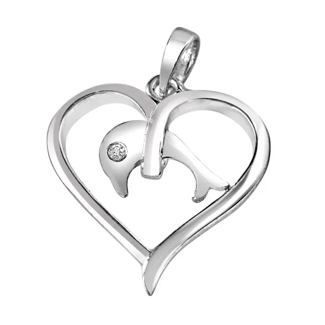 Dolphin in my Heart Real Diamond & Sterling Silver Pendant with 18 IN Chain (SDP285)