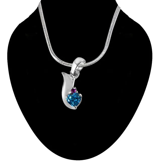 Bless our Love Blue Topaz, Red Ruby & 925 Sterling Silver Pendant with 18 IN Chain (SDP288)