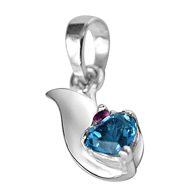Bless our Love Blue Topaz, Red Ruby & 925 Sterling Silver Pendant with 18 IN Chain (SDP288)