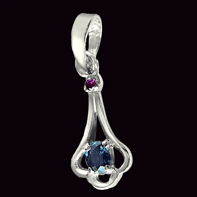 Red Ruby & Blue Sapphire 925 Sterling Silver Pendant with 18 IN Chain (SDP292)