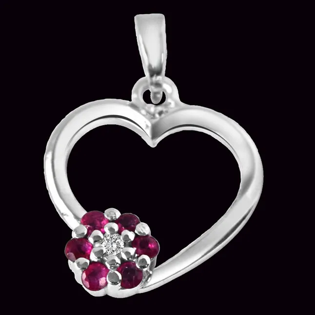 Flower in My Heart Real Diamond, Red Ruby & Sterling Silver Pendant with 18 IN Chain (SDP294)