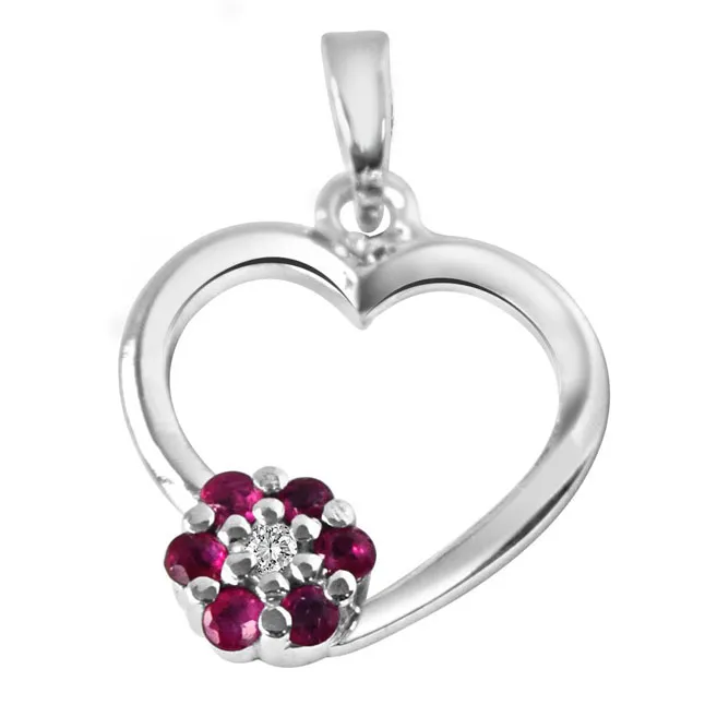 Flower in My Heart Real Diamond, Red Ruby & Sterling Silver Pendant with 18 IN Chain (SDP294)