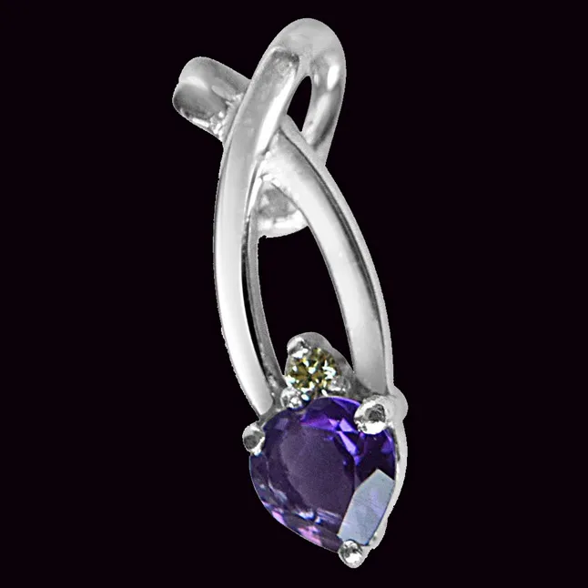 Fashion Frenzy Real Diamond, Purple Amethyst & Sterling Silver Pendant with 18 IN Chain (SDP306)