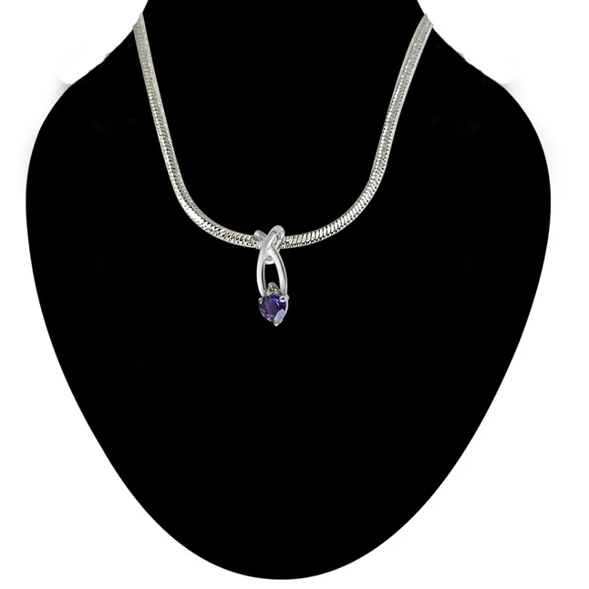 Fashion Frenzy Real Diamond, Purple Amethyst & Sterling Silver Pendant with 18 IN Chain (SDP306)