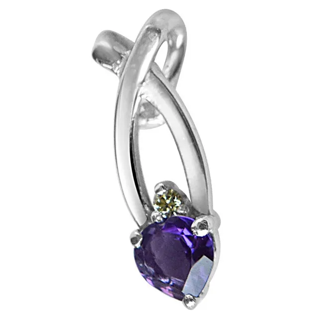 Fashion Frenzy Real Diamond, Purple Amethyst & Sterling Silver Pendant with 18 IN Chain (SDP306)