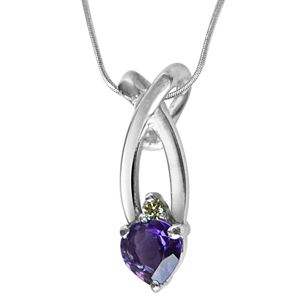 Fashion Frenzy Real Diamond, Purple Amethyst & Sterling Silver Pendant with 18 IN Chain (SDP306)