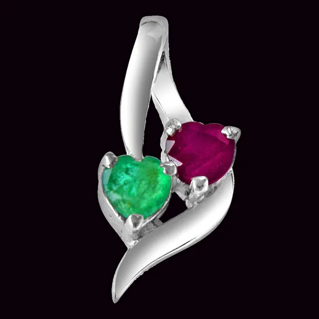 Time To Remember Green Emerald, Red Ruby & 925 Sterling Silver Pendant with 18 IN Chain (SDP310)