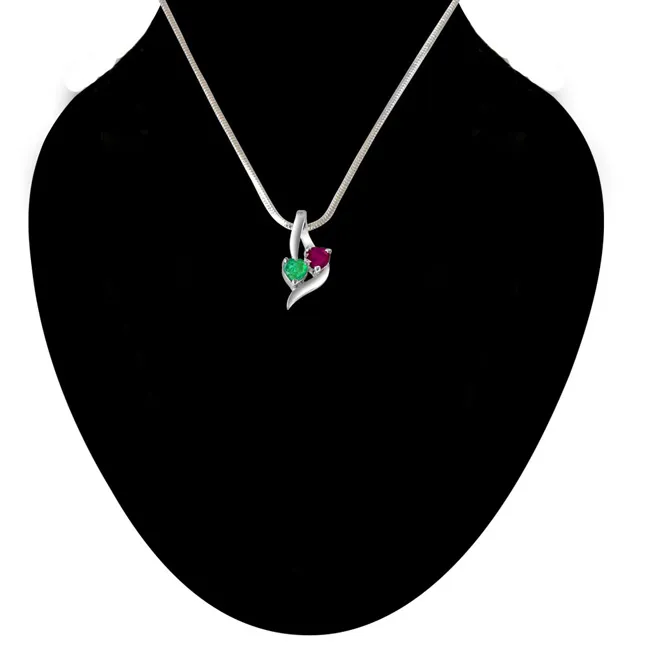 Time To Remember Green Emerald, Red Ruby & 925 Sterling Silver Pendant with 18 IN Chain (SDP310)