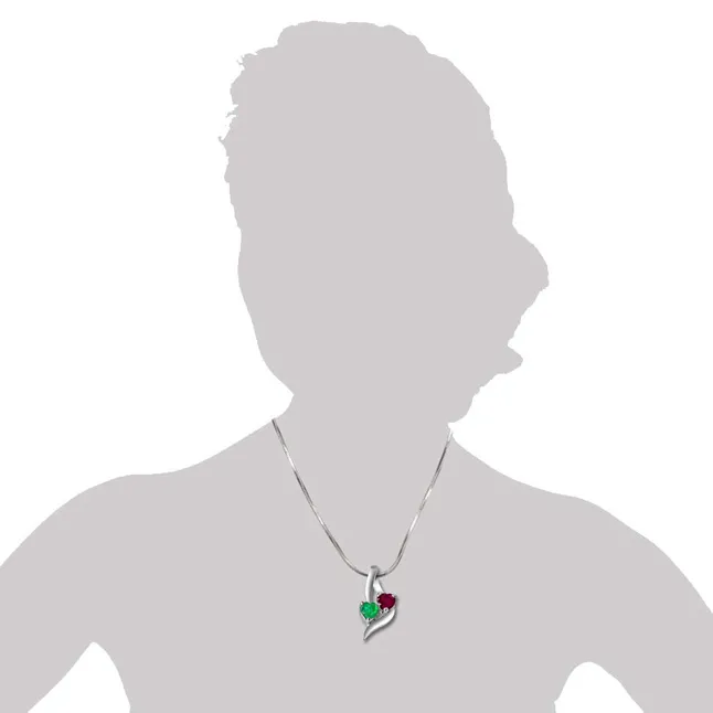 Time To Remember Green Emerald, Red Ruby & 925 Sterling Silver Pendant with 18 IN Chain (SDP310)