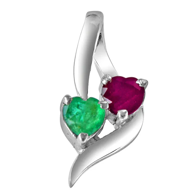 Time To Remember Green Emerald, Red Ruby & 925 Sterling Silver Pendant with 18 IN Chain (SDP310)