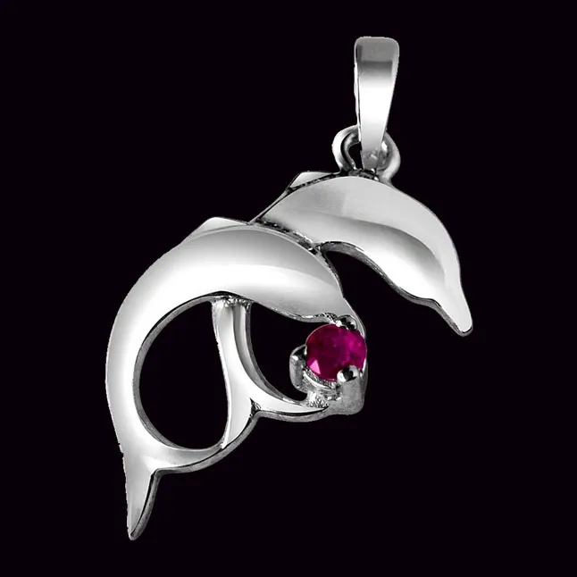 Whistling Dolphins Red Ruby & 925 Sterling Silver Pendant with 18 IN Chain (SDP314)