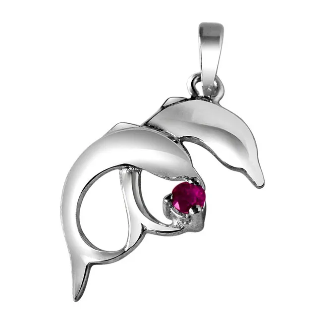 Whistling Dolphins Red Ruby & 925 Sterling Silver Pendant with 18 IN Chain (SDP314)