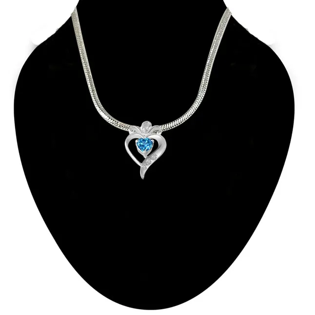 Sweet Mystery of Life Real Diamond, Blue Topaz & Sterling Silver Pendant with 18 IN Chain (SDP316)