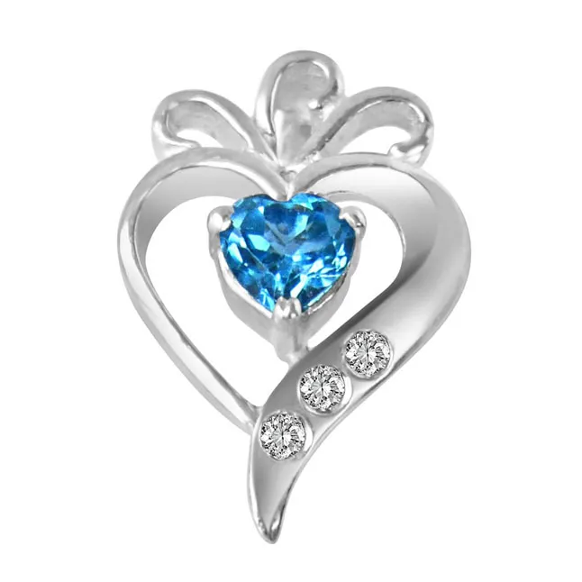 Sweet Mystery of Life Real Diamond, Blue Topaz & Sterling Silver Pendant with 18 IN Chain (SDP316)