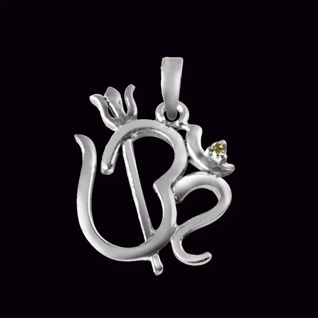 Om with Trishul Real Diamond & Sterling Silver Pendant with 18 IN Chain (SDP320)
