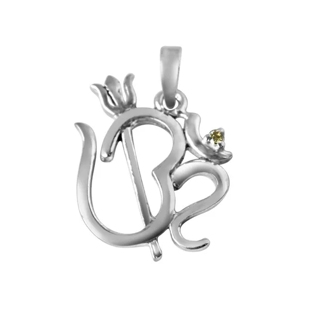 Om with Trishul Real Diamond & Sterling Silver Pendant with 18 IN Chain (SDP320)