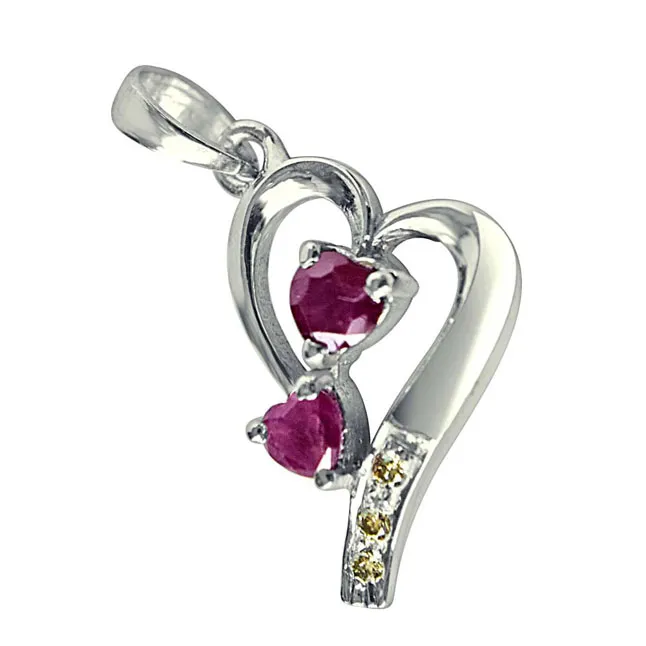 The House of Love Real Diamond, Red Ruby & Sterling Silver Pendant with 18 IN Chain (SDP323)