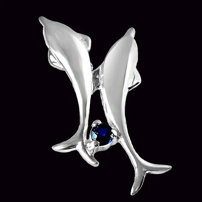 Dancing Dolphins Blue Sapphire & 925 Sterling Silver Pendant with 18 IN Chain (SDP326)