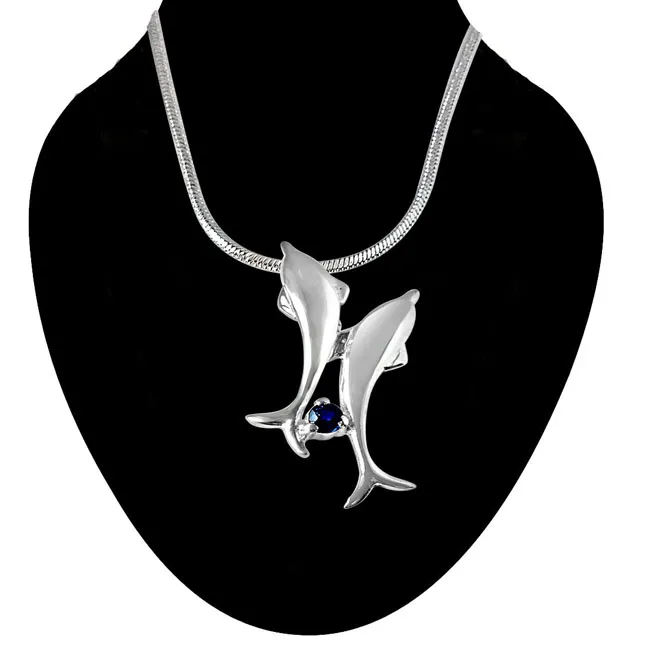 Dancing Dolphins Blue Sapphire & 925 Sterling Silver Pendant with 18 IN Chain (SDP326)