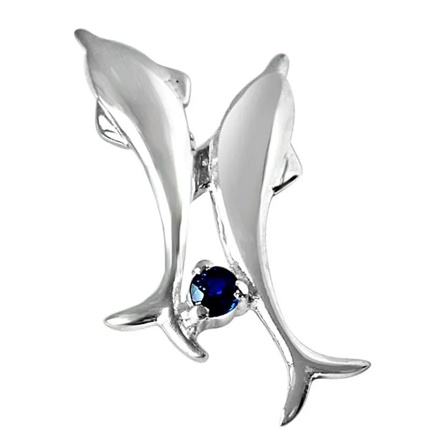 Dancing Dolphins Blue Sapphire & 925 Sterling Silver Pendant with 18 IN Chain (SDP326)