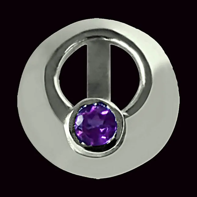 Round Shaped Amethyst Pendant set in 925 Sterling Silver with 18 IN Chain (SDP336)