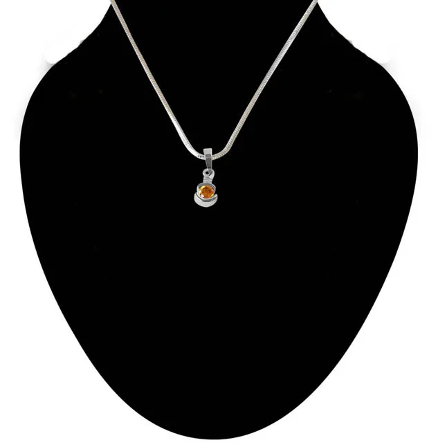 Round Shaped Yellow Topaz & 925 Sterling Silver Pendant with 18 IN Chain (SDP340)