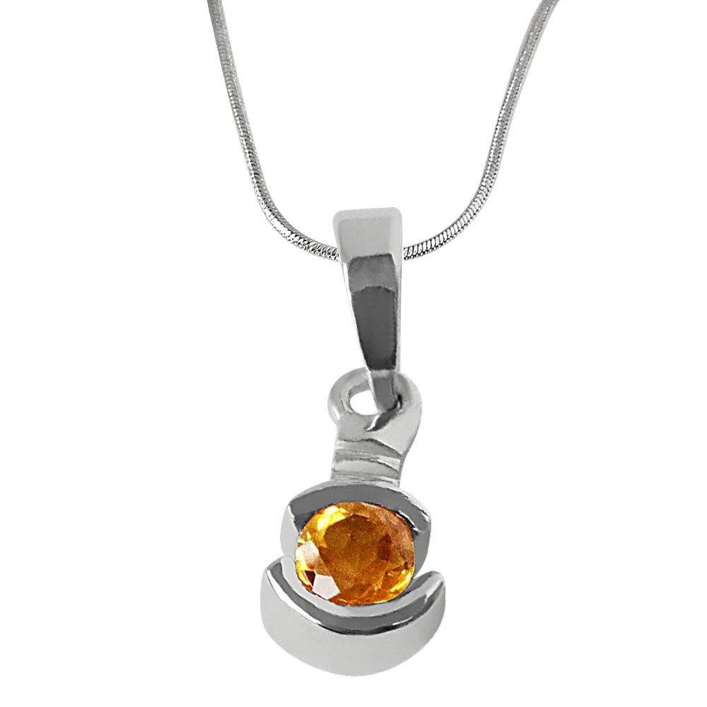 Round Shaped Yellow Topaz & 925 Sterling Silver Pendant with 18 IN Chain (SDP340)