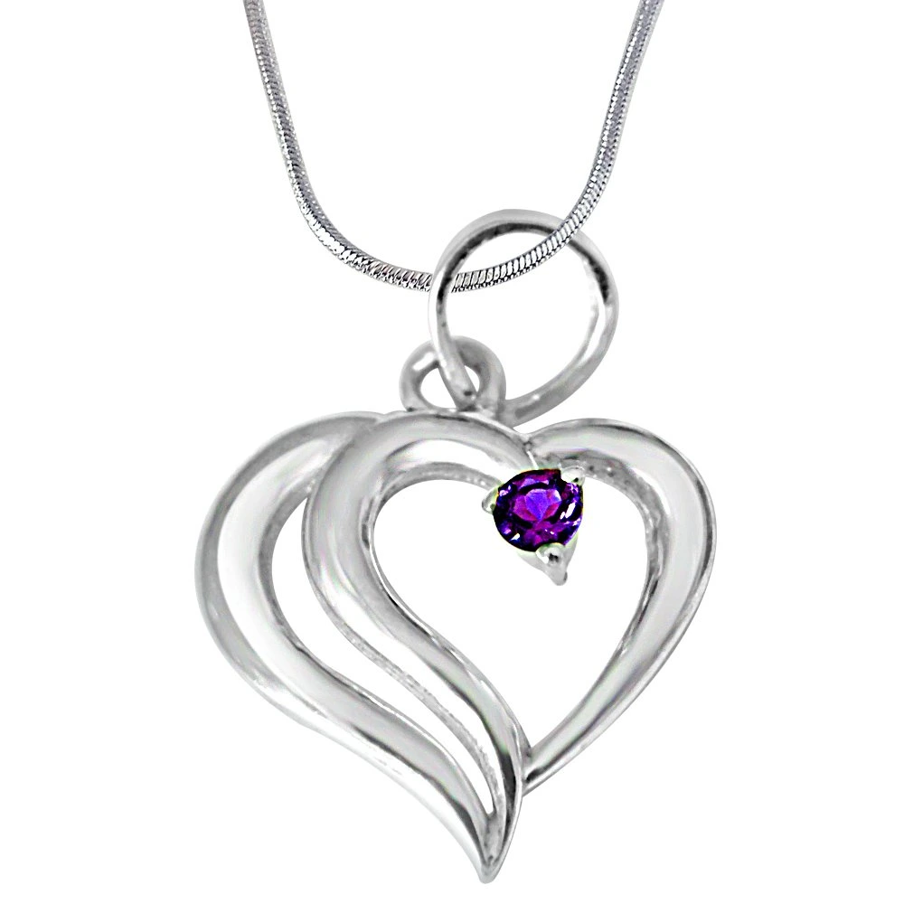 In PAIR-adise Heart Shaped Purple Amethyst & 925 Sterling Silver Pendant with 18 IN Chain (SDP386)