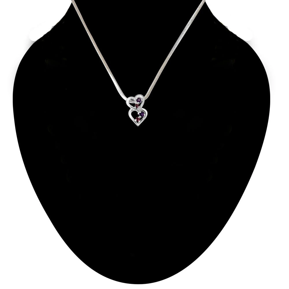 YOU & ME.. Happy Together Amethyst, Rhodolite & 925 Sterling Silver Pendant with 18 IN Chain (SDP392)