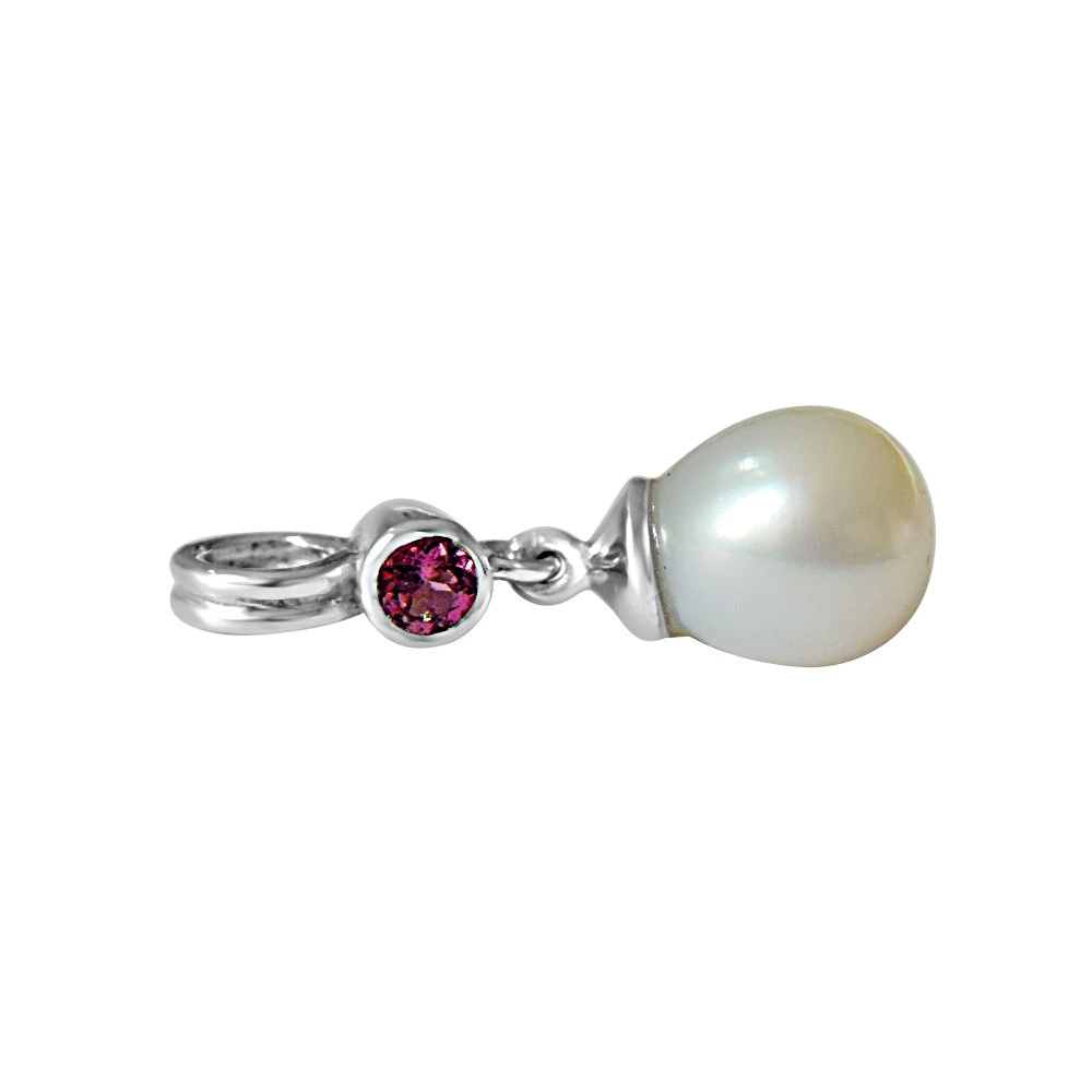 Double Vision Rhodolite, Real Pearl & 925 Sterling Silver Pendant with 18 IN Chain (SDP393)