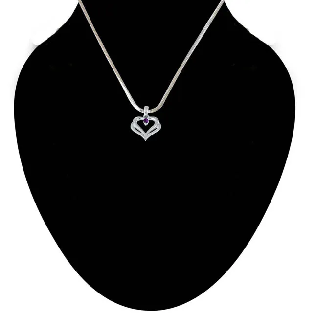 Two Heart's Become One Amethyst & 925 Sterling Silver Pendant with 18 IN Chain (SDP404)