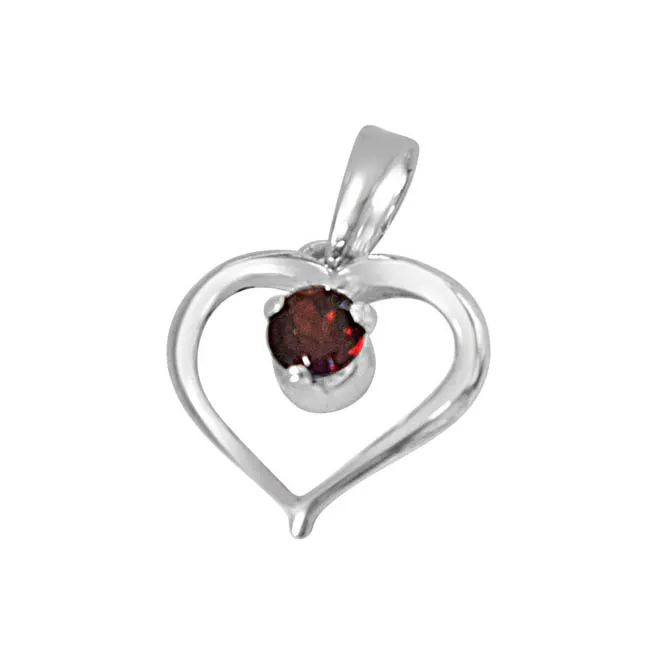 Memories of My Life Heart Shaped Red Garnet & Sterling Silver Pendant with 18 IN Chain (SDP410)