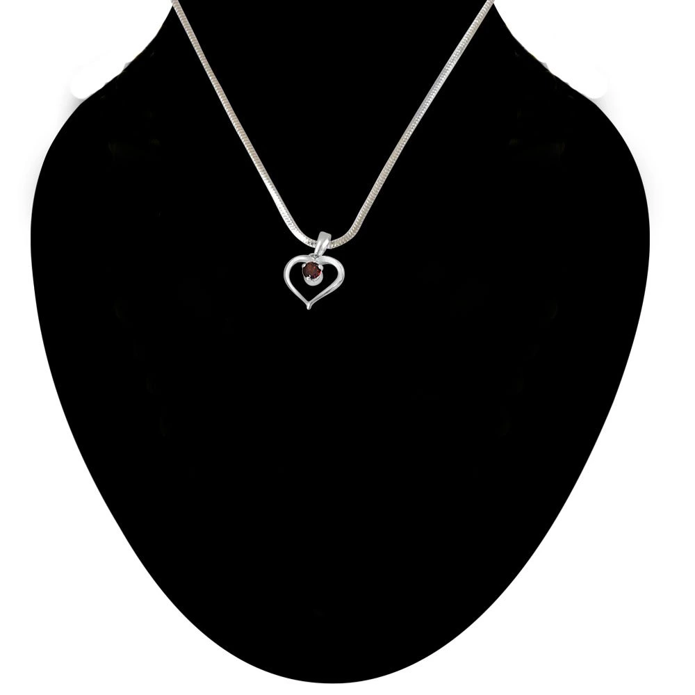 Memories of My Life Heart Shaped Red Garnet & Sterling Silver Pendant with 18 IN Chain (SDP410)