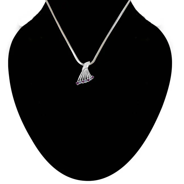 Queen's Wing Blue Topaz, Pink Rhodolite & 925 Sterling Silver Fan Shaped Pendant with 18 IN Chain (SDP413)